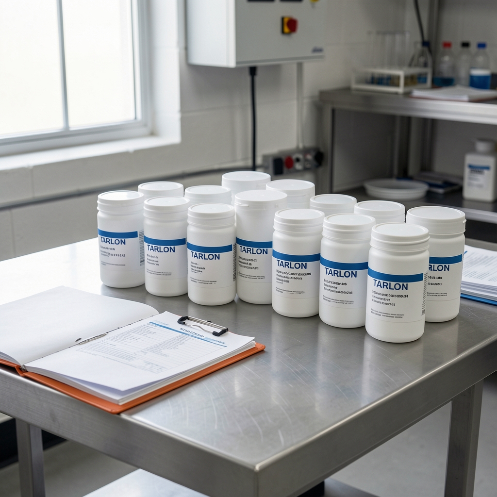 Cradeon formulation workspace with batch-coded containers arranged on a clean industrial steel surface with documentation folders