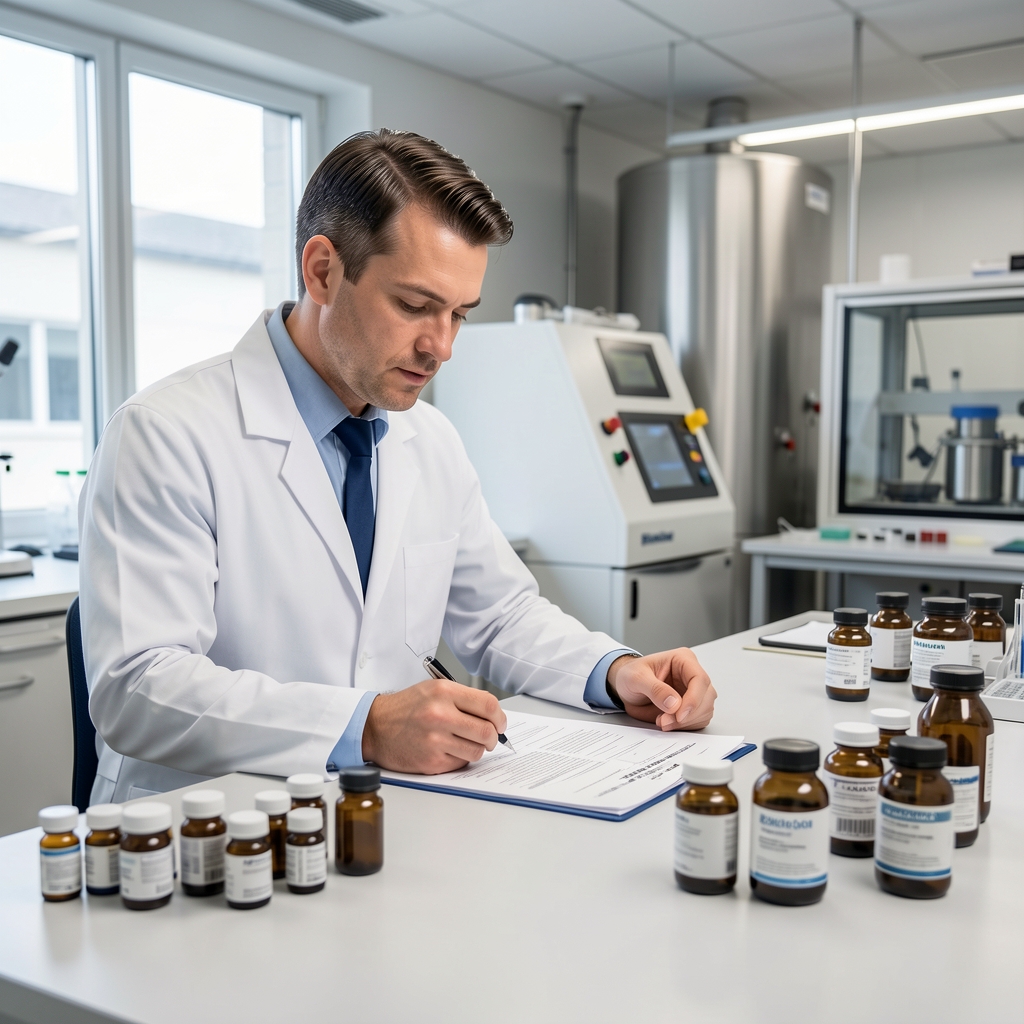 Cradeon formulation specialist reviewing batch documentation at a clean industrial desk with supplement component samples under bright studio lighting
