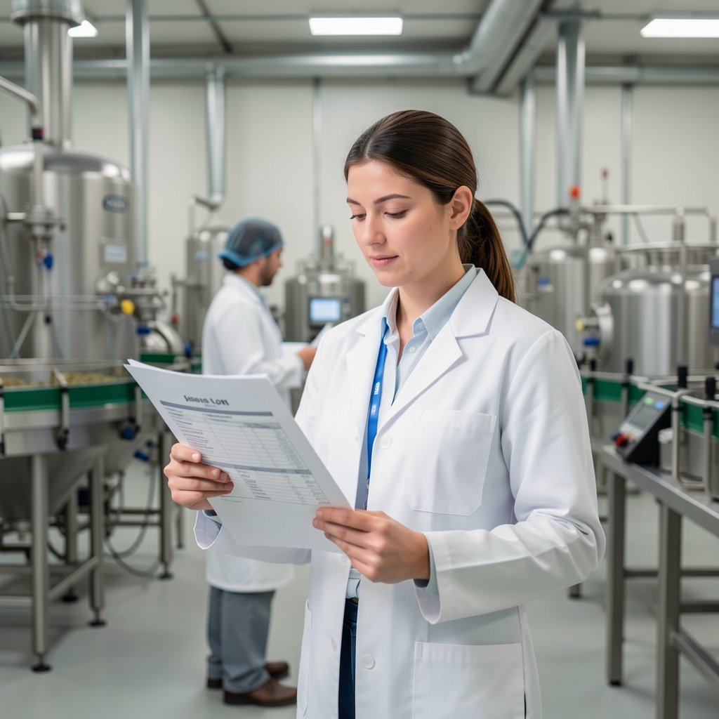 Cradeon nutrition specialist standing in a clean food-grade production environment reviewing a specification document