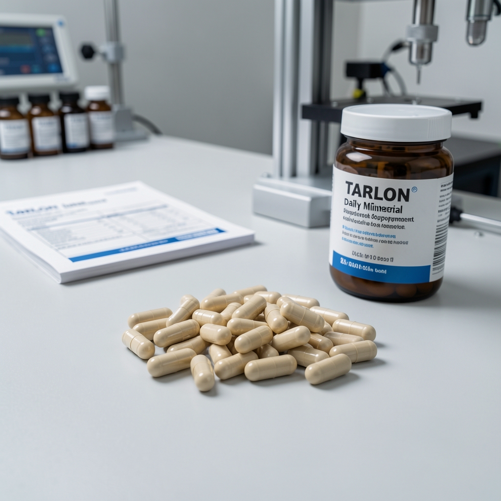 Cradeon daily mineral supplement capsules arranged on a clean workshop surface under controlled lighting with technical reference materials