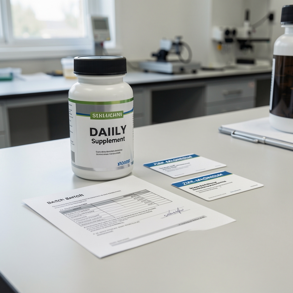 Cradeon Core Daily supplement bottle on clean workshop table with batch documentation and zinc-magnesium ingredient cards laid flat