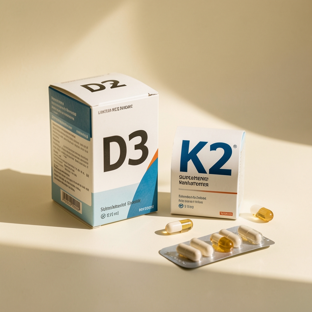 Cradeon Vitamin D3 and K2 supplement packaging on a light cream surface with vitamin capsules and natural sunlight streaming across the composition